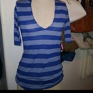 A blue and light blue striped half sleeve shirt